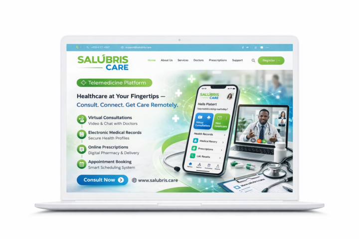 A laptop showig Salubris Cae Mobile App andits features