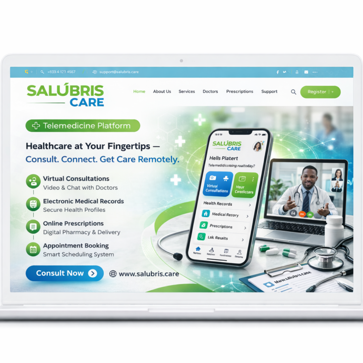 A laptop showig Salubris Cae Mobile App andits features