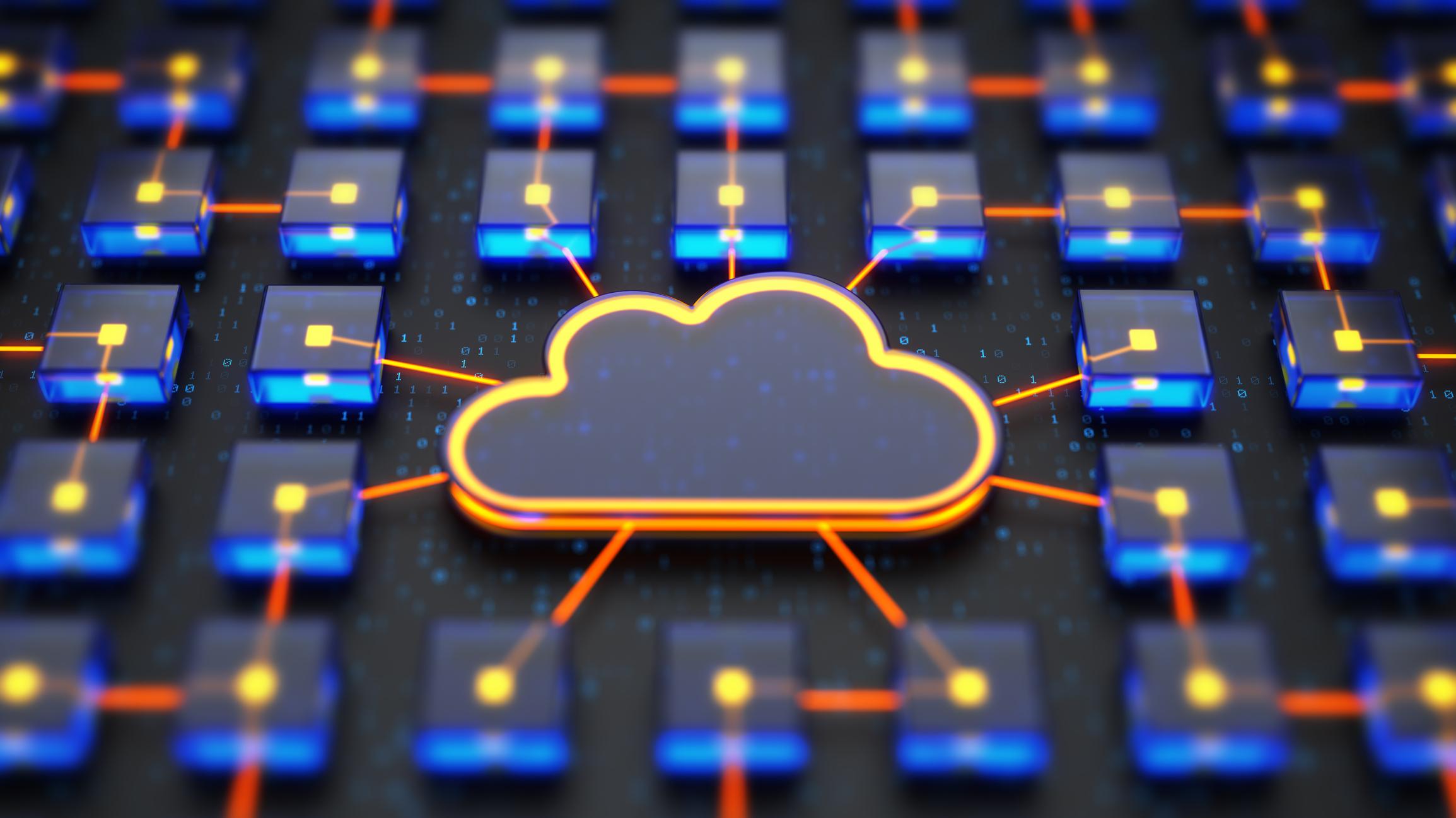Digital cloud computing network showing a central cloud connected to multiple servers and data nodes.