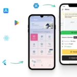 Mobile app development concept showing two smartphones displaying applications with icons representing cross-platform frameworks like Flutter, React, Xamarin, and Google Play.