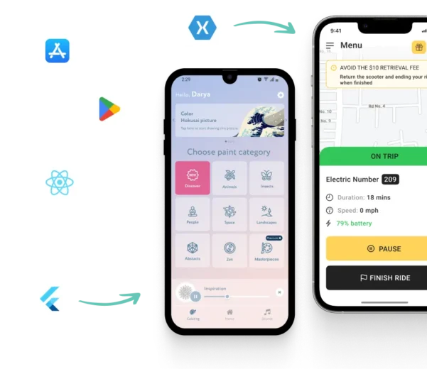 Mobile app development concept showing two smartphones displaying applications with icons representing cross-platform frameworks like Flutter, React, Xamarin, and Google Play.