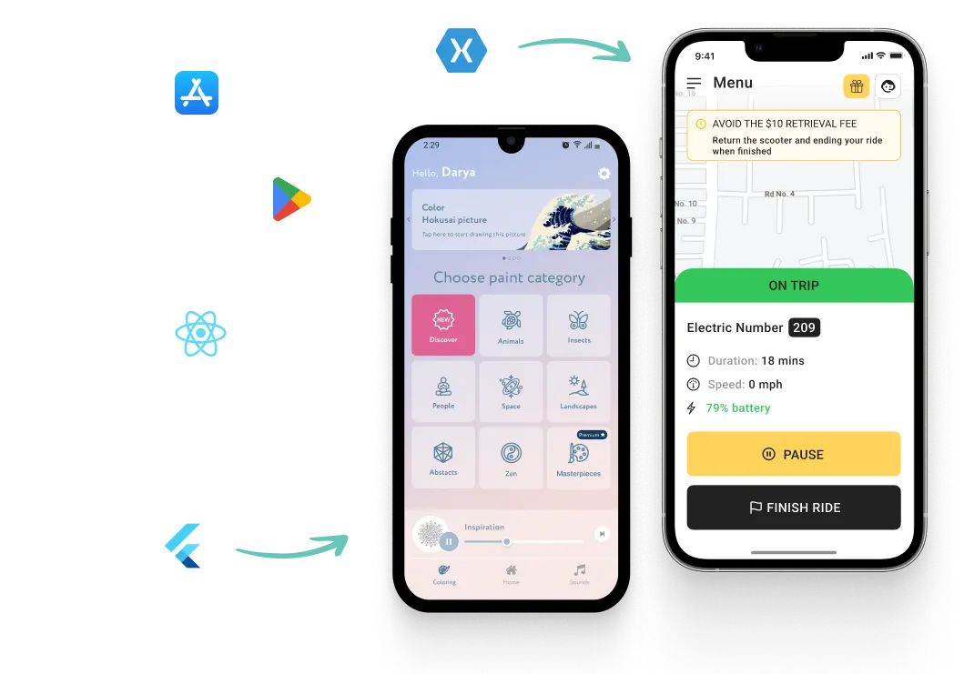 Mobile app development concept showing two smartphones displaying applications with icons representing cross-platform frameworks like Flutter, React, Xamarin, and Google Play.