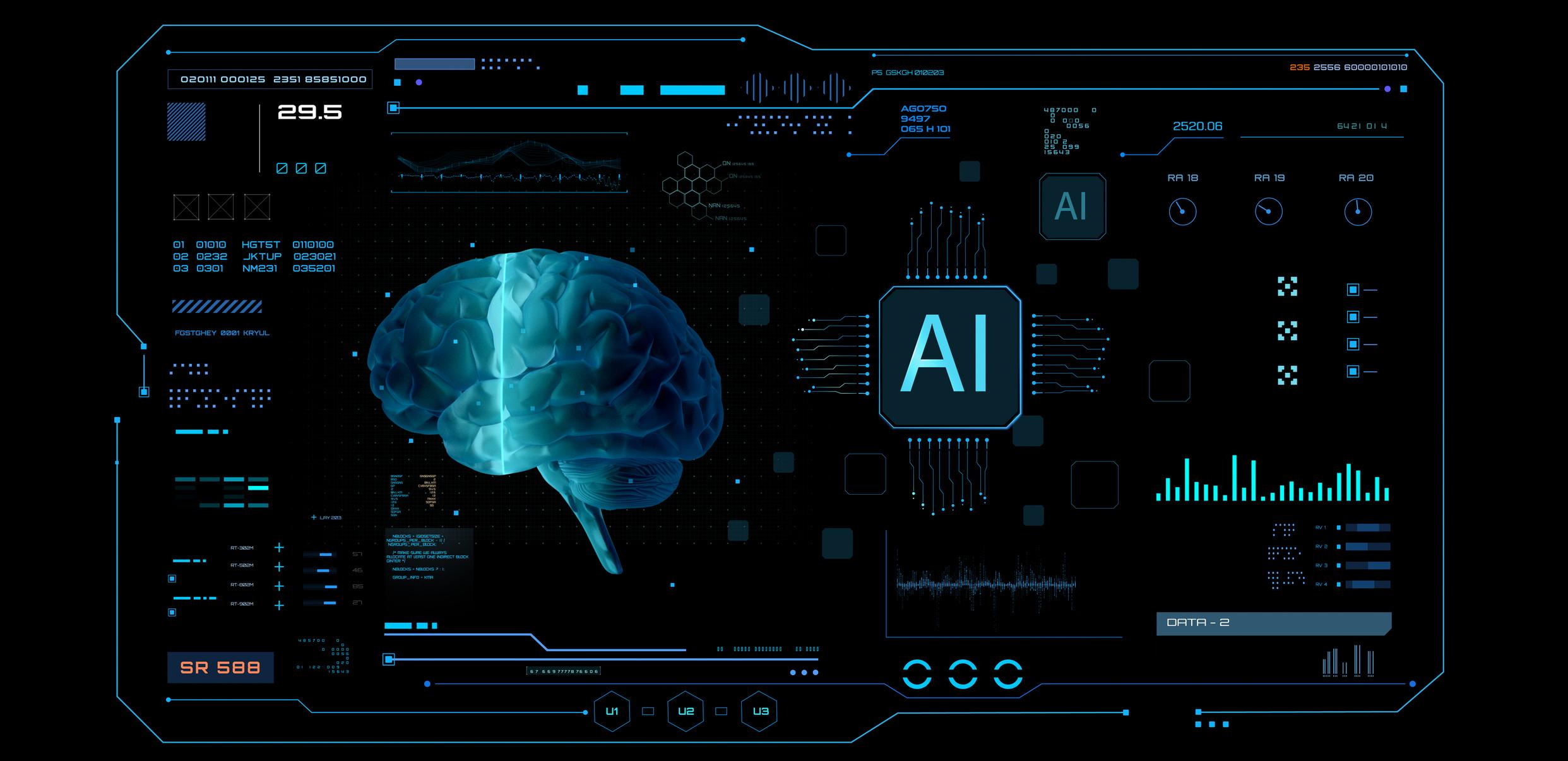 Futuristic AI dashboard displaying a digital brain, machine learning data visualizations, and artificial intelligence processing interface.