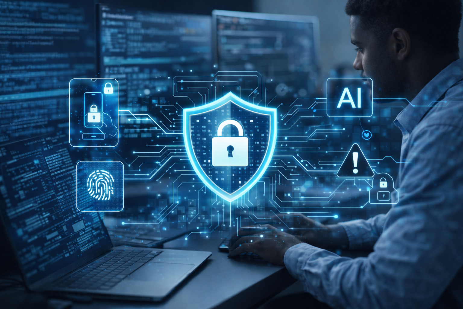 Black cybersecurity professional analyzing network security data on multiple screens with AI-powered security protection interface.